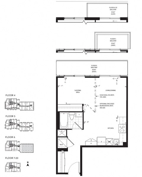 Floor plan for 1 bed, 1 bath, 531 sqft